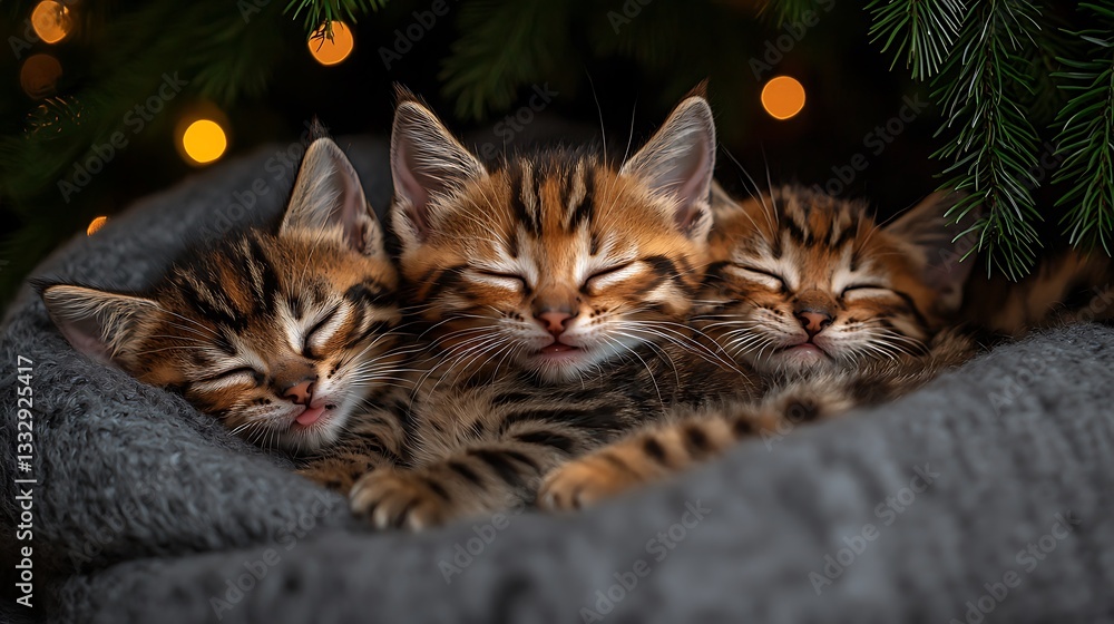 Three adorable kittens sleeping peacefully under a decorated tree Three adorable kittens sleeping peacefully under a decorated tree