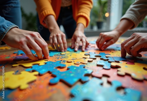diverse hands collaborating over colorful abstract puzzle pieces interconnected creativity unity teamwork, collaboration, colors, variety, interaction, art