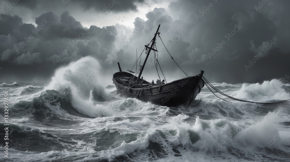 Fototapeta premium Stormy seas with an old fishing boat battling huge waves during a dark overcast sky