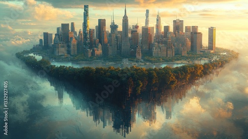 Cityscape Island: A Floating Metropolis in the Clouds