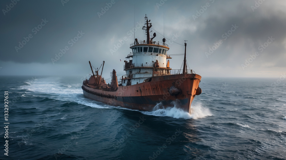 Fototapeta premium Tugboat navigates choppy waters under a moody sky in the early morning light
