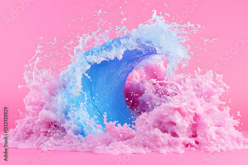 Abstract wave of blue and pink liquid splashes on pink background
