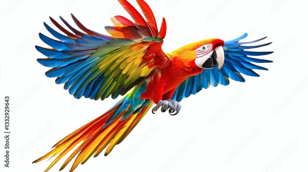 Fototapeta premium Colorful parrot or scarlet macaw flying with wide spread colorful wings, isolated on white background cutout