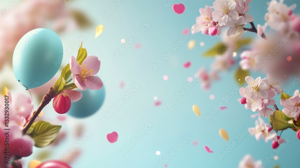 Floating Balloons with Cherry Blossoms in Springtime Soft Pastel Tones Floating Balloons with Cherry Blossoms in Springtime Soft Pastel Tones