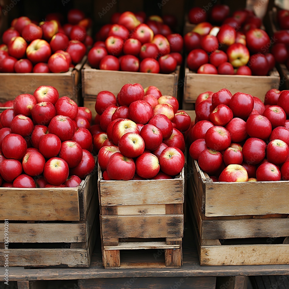 Numerous ripe red apples are displayed inside wooden crates at a market Numerous ripe red apples are displayed inside wooden crates at a market