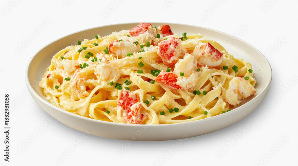 A luxurious seafood pasta, fettuccine coated in a creamy parmesan sauce, topped with delicate lobster chunks and a sprinkle of fresh chives A luxurious seafood pasta, fettuccine coated in a creamy parmesan sauce, topped with delicate lobster chunks and a sprinkle of fresh chives