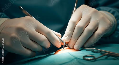 Surgeon Hands Performing Surgery with Scalpel in Operating Room Closeup