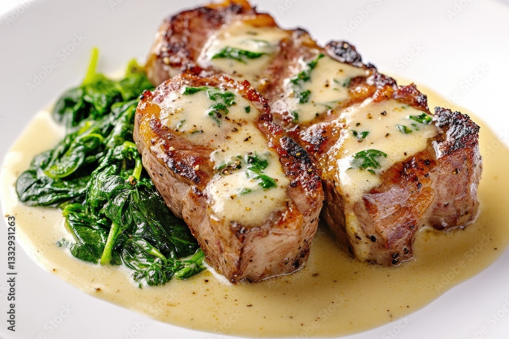 Gourmet lamb chops with creamy sauce and spinach on white plate Gourmet lamb chops with creamy sauce and spinach on white plate