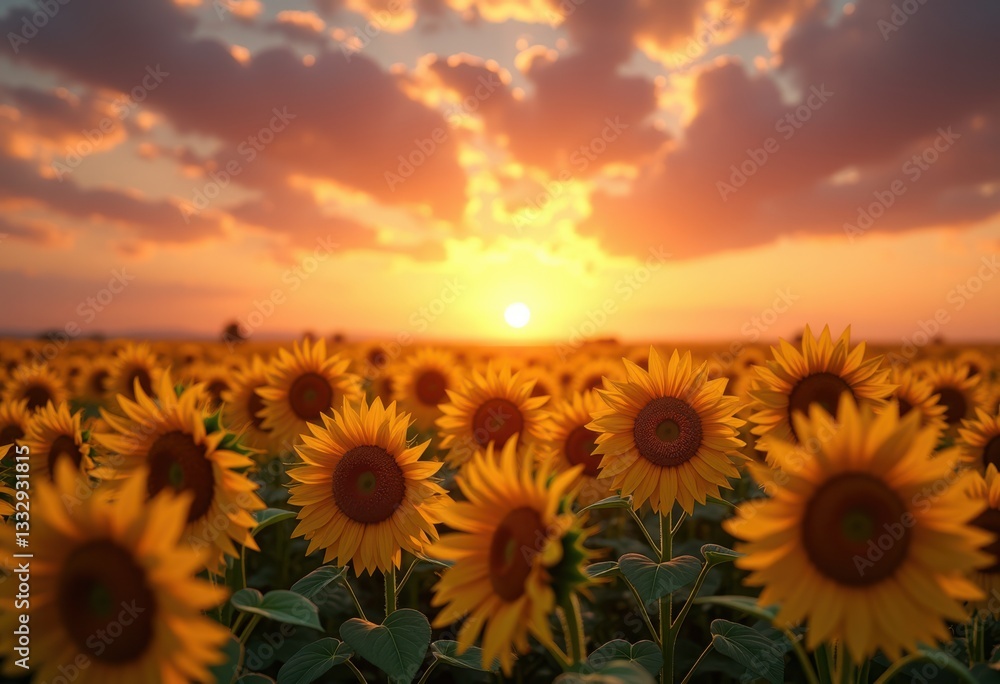 Fototapeta premium vibrant yellow sunflowers populate field under dramatic sky bold colors textured showcasing natural beauty illumination, clouds, landscape, nature