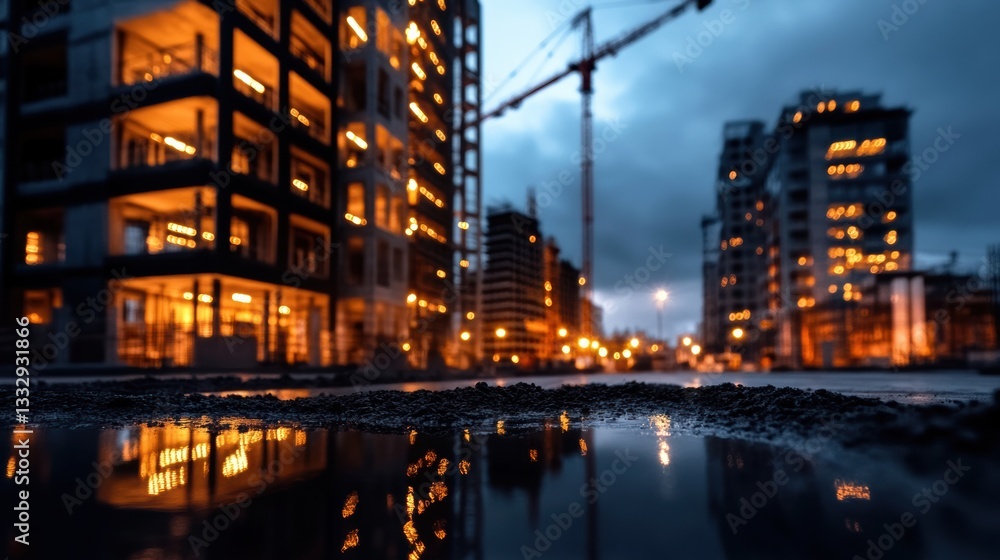 Fototapeta premium Evening Lights Dance on Puddles Amidst Urban Construction Scenes in a City Alive With Growth and Transformation Generative AI
