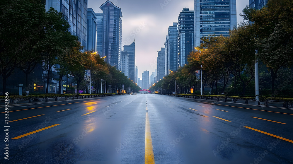 Empty asphalt road through Hangzhou business district Empty asphalt road through Hangzhou business district