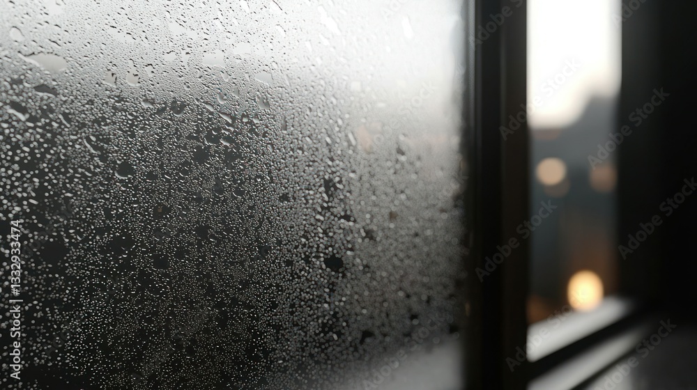 Obraz premium Condensation covers a window, with city lights visible in the background