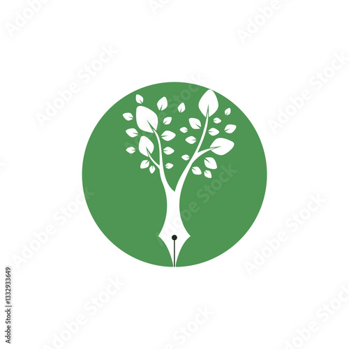 Tree pen vector logo design template. Writer and nature logo concept.