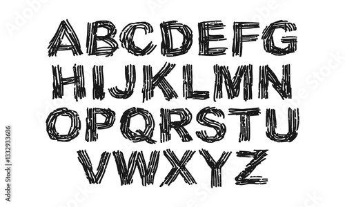 English alphabet. Large block letters consisting of handwritten strokes. Doodles and squiggles. Vector set