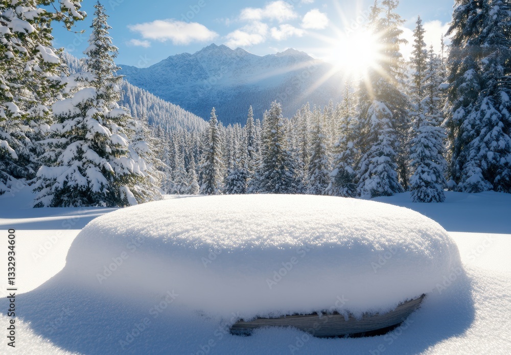 Obraz premium Snowy Landscape with Sunlight Illuminating Frosty Trees and Ground