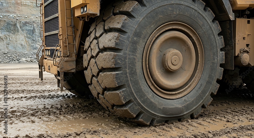 Mining Truck Heavy Duty Tire Driving Through Muddy Terrain at Quarry Mining Truck Heavy Duty Tire Driving Through Muddy Terrain at Quarry