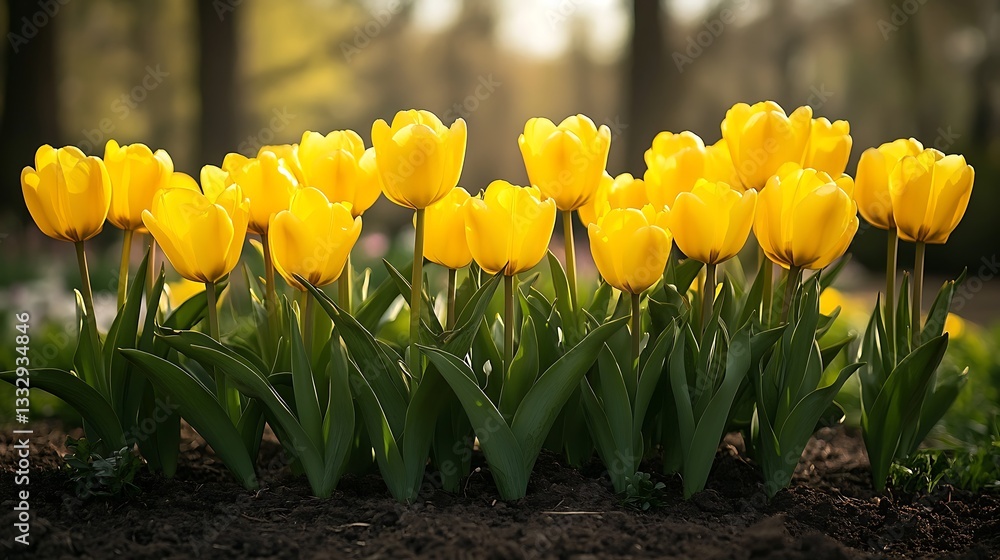 Fototapeta premium Cluster of yellow tulips blooming in soft spring sunlight. Fresh green leaves contrast with delicate petals, capturing beauty of seasonal renewal. Nature’s awakening with floral colors