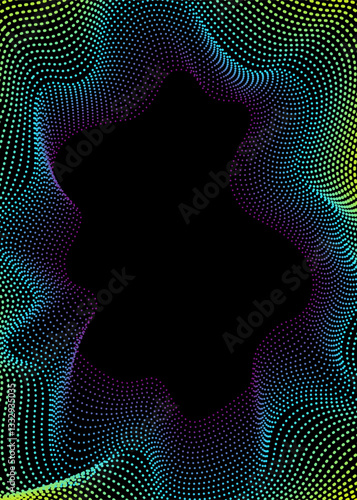 Abstract dotted waves poster. Vector colorful neon waves on black background.