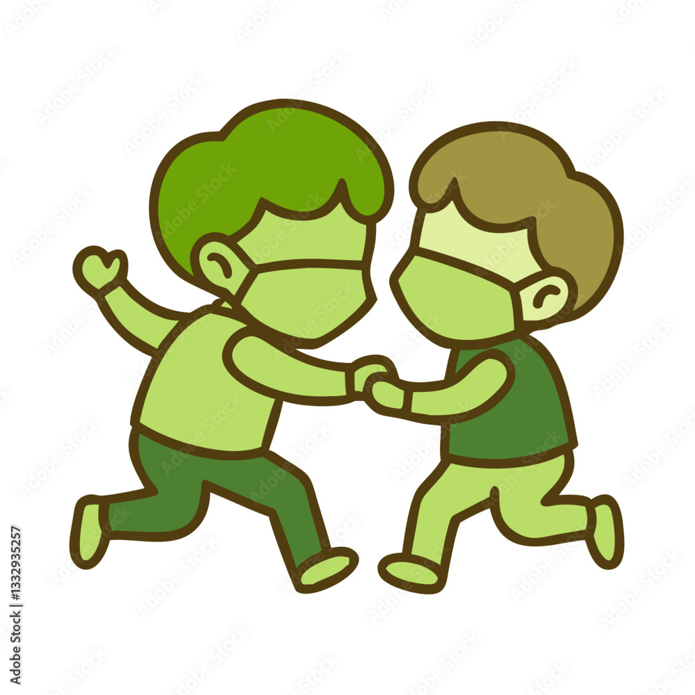 Fototapeta premium Two children playing while wearing face masks icon