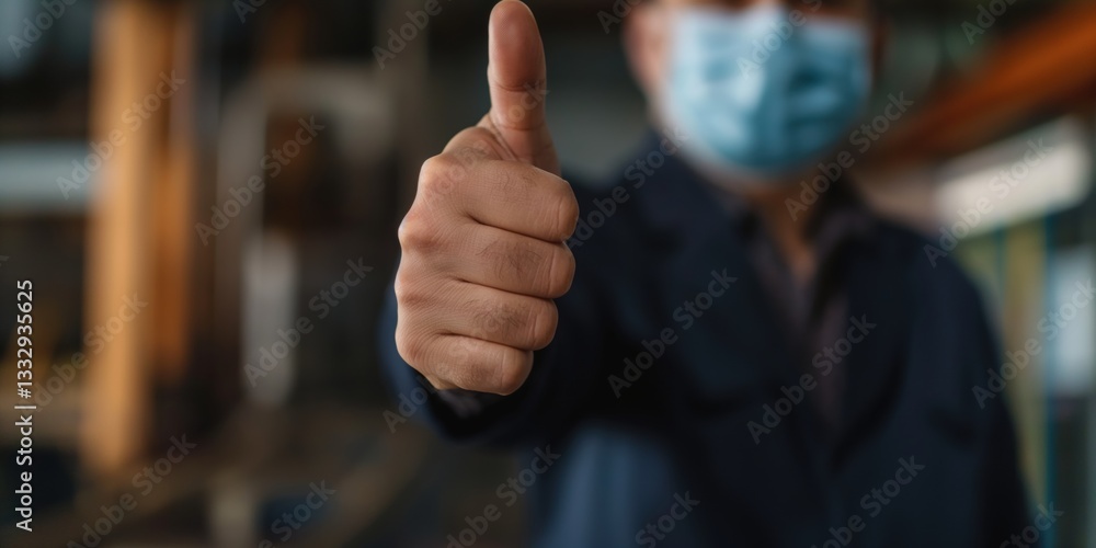 A close-up of a masked individual giving a thumbs up, showcasing positivity and resilience in the workplace during challenging times, highlighting the adaptability of workers.