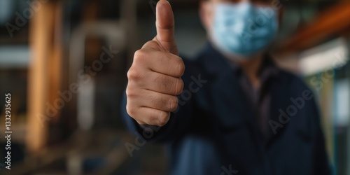 Obraz na płótnie A close-up of a masked individual giving a thumbs up, showcasing positivity and resilience in the workplace during challenging times, highlighting the adaptability of workers. w salonie