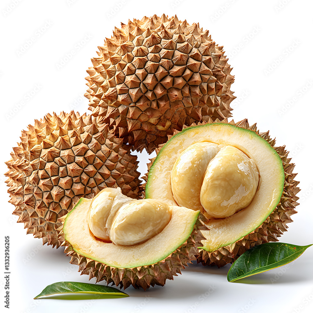 Obraz premium Three spiky durian fruits one cut open to reveal its creamy pale yellow flesh with a few leaves nearby.
