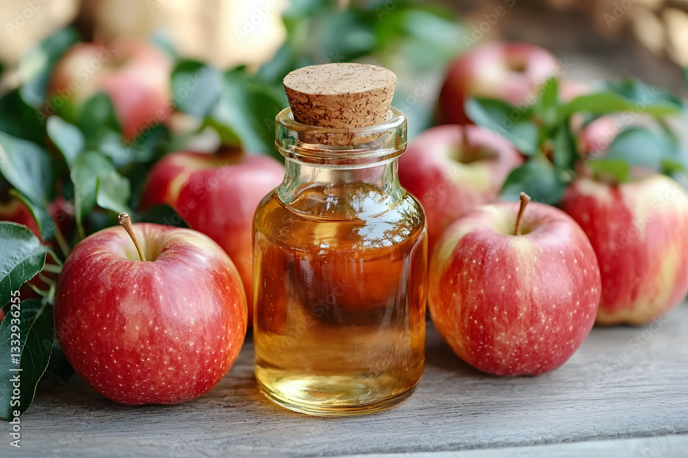 Ripe red apples surround a small bottle of golden liquid sealed with a cork stopper set on weathered wood. Ripe red apples surround a small bottle of golden liquid sealed with a cork stopper set on weathered wood.