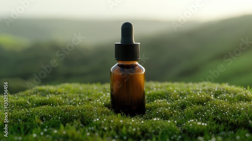 30ml Amber Glass Dropper Bottle with Black Lid on Dew-Covered Morning Grass – Fresh and Natural Display