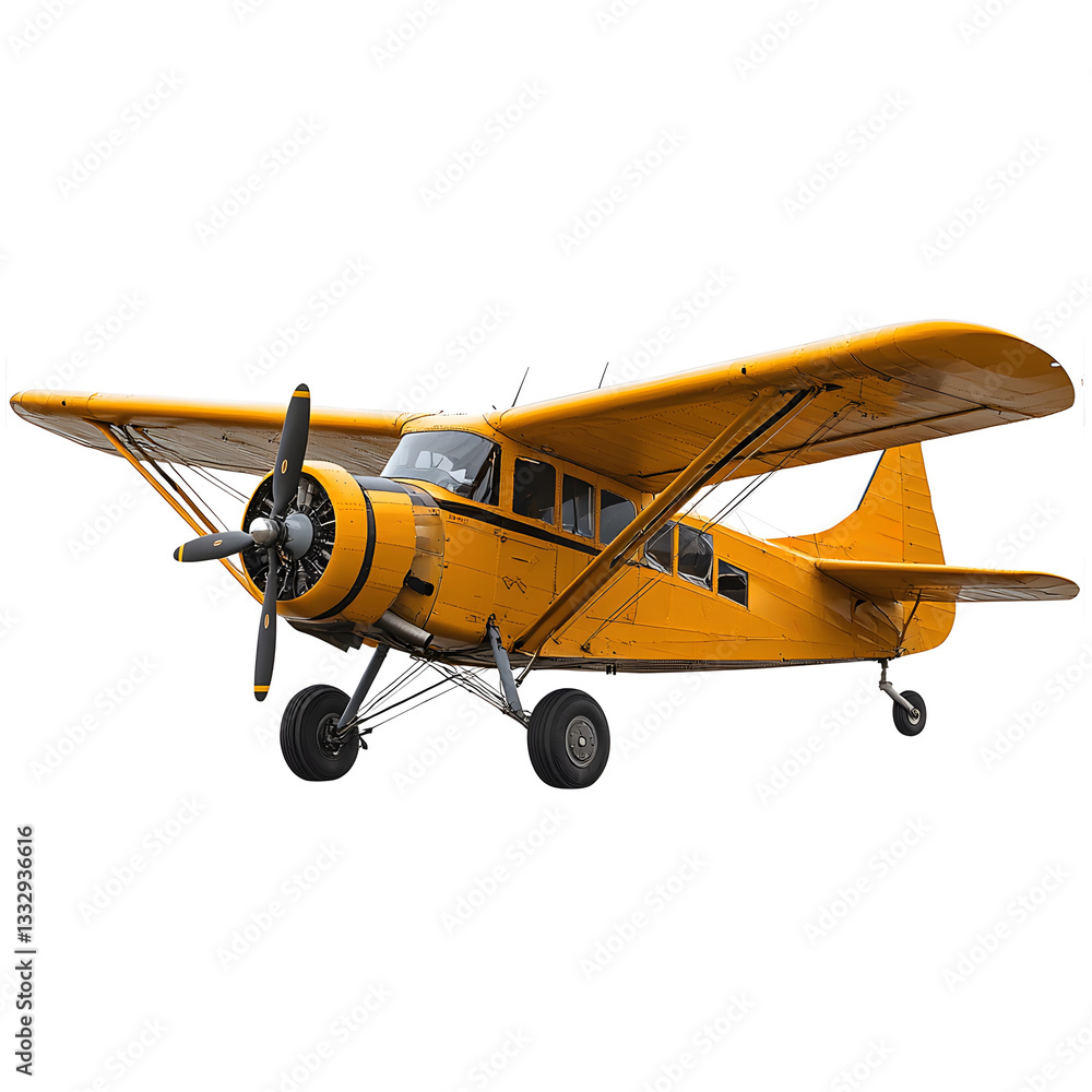 A classic yellow high-wing monoplane with radial engine poised for flight against a bright neutral background. A classic yellow high-wing monoplane with radial engine poised for flight against a bright neutral background.
