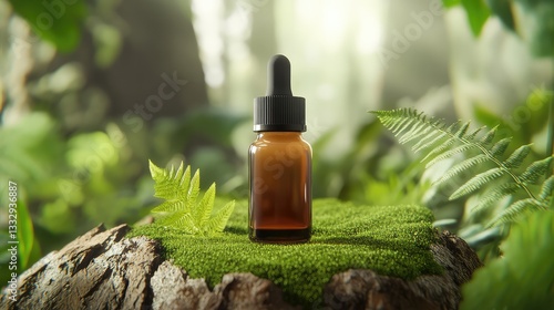Amber Glass Dropper Bottle with Black Lid on Textured Tree Bark, Surrounded by Ferns and Moss in a Dense Forest – Earthy and Organic Display