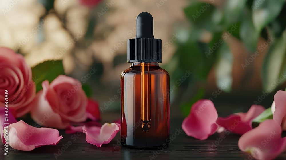 30ml Amber Glass Dropper Bottle with Black Lid Among Velvety Damask Rose Petals on Dark Wood – Luxurious and Romantic Display 30ml Amber Glass Dropper Bottle with Black Lid Among Velvety Damask Rose Petals on Dark Wood – Luxurious and Romantic Display