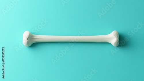 The thigh bone, or human femur, is shown in a realistic white color with a smooth texture and detailed structure, featuring the rounded head at the top and the narrow shaft photo