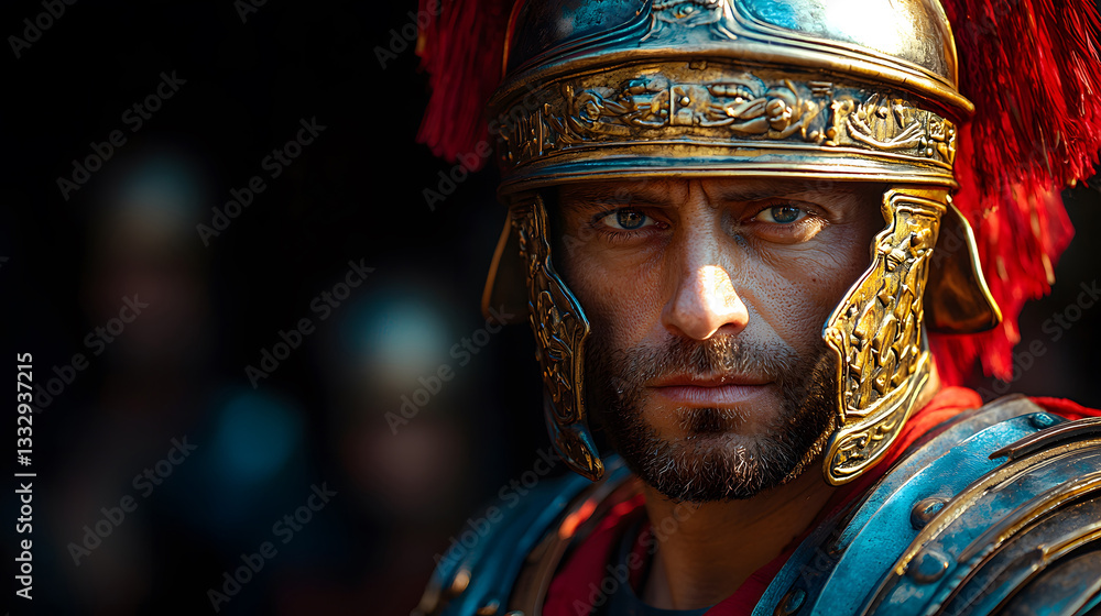 A Roman Centurion stares intensely clad in detailed armor and a plumed helmet his gaze commanding and resolute. A Roman Centurion stares intensely clad in detailed armor and a plumed helmet his gaze commanding and resolute.