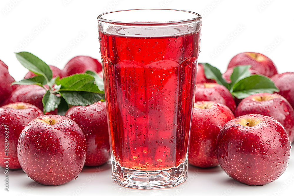 Refreshing red apple juice in a glass surrounded by fresh shiny red apples with water droplets.