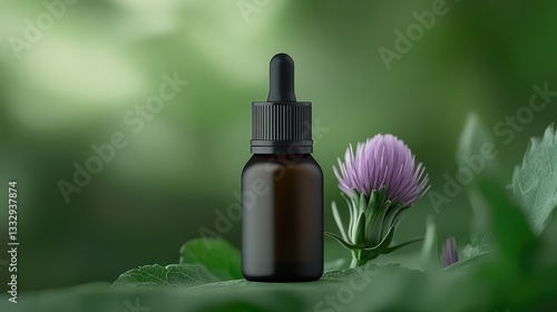 
Dark Glass Dropper Bottle with Black Lid, Surrounded by Abundant Artichokes and Milk Thistle – Herbal and Natural Display