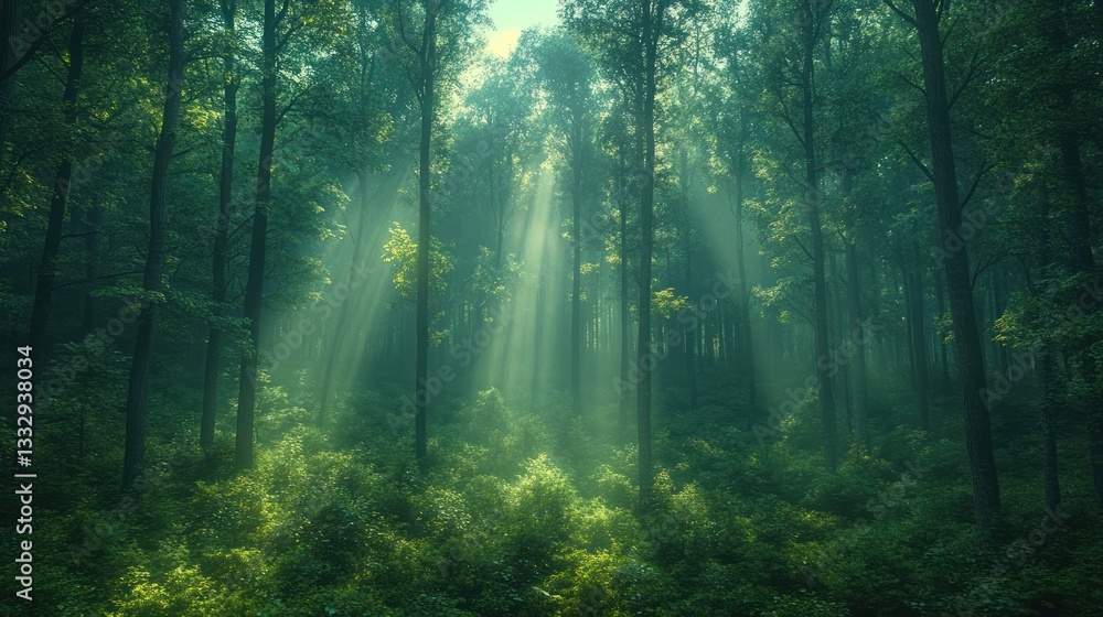 Fototapeta premium Sunbeams illuminate misty green forest, ideal for nature backgrounds