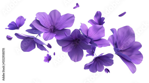 Flying purple flowers 3D render icon isolated on white background