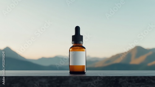Amber Glass Dropper Bottle with Black Cap and White Matte Label on Natural Surface, Set Against Majestic Mountains – Refreshing and Revitalizing Display