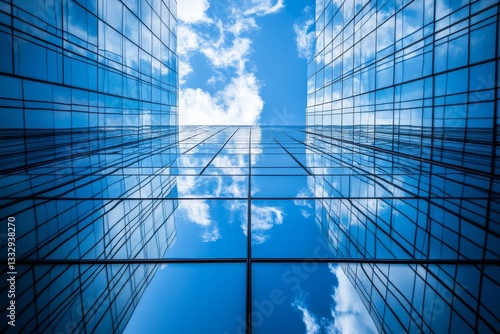 A modern high-rise with glass walls reflecting the azure sky and fluffy clouds