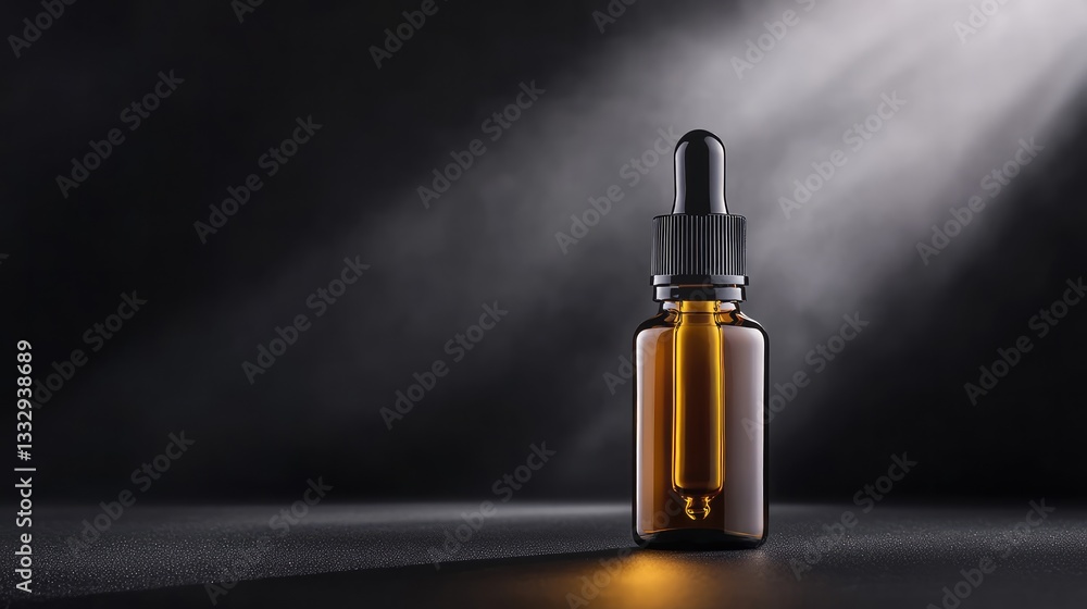 Naklejka premium Luxury 30ml Amber Glass Dropper Bottle with Black Lid Against a Deep Matte Black Background, Highlighted by Soft Lighting and Elegant Rising Smoke – Premium Minimalist Product Display