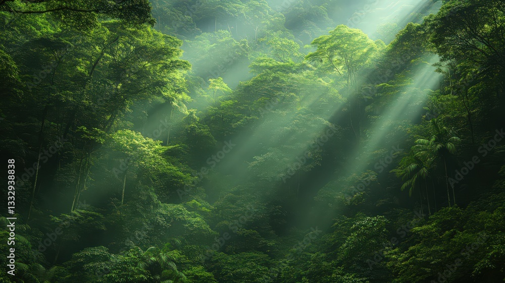 Obraz premium Sunbeams Illuminate Lush Green Forest