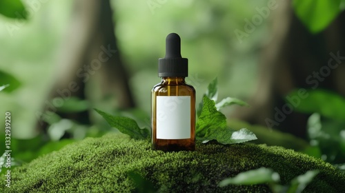 Amber Glass Tincture Bottle with Black Dropper and White Vertical Label on Mossy Forest Floor – Earthy and Natural Display