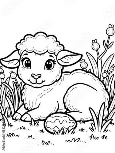 Cute lamb with Easter egg in a grassy field  