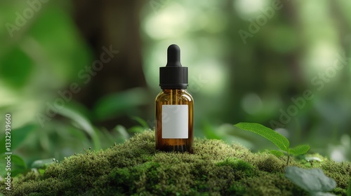 Amber Glass Tincture Bottle with Black Dropper and White Vertical Label on Mossy Forest Floor – Earthy and Natural Display