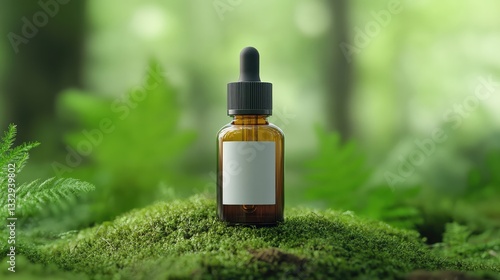Amber Glass Tincture Bottle with Black Dropper and White Vertical Label on Mossy Forest Floor – Earthy and Natural Display