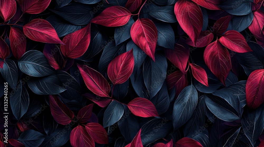 Dark, moody botanical background with red and grey leaves, full frame Dark, moody botanical background with red and grey leaves, full frame