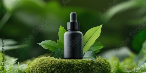 Black Dropper Bottle Surrounded by Moss, Twisting Vines, and Dense Foliage – Dramatic and Nature-Inspired Display