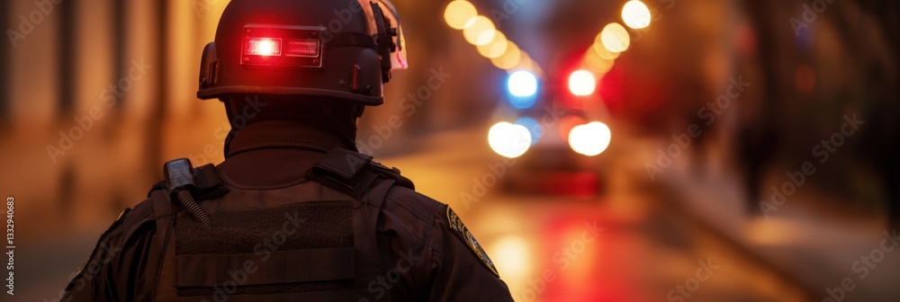 A police officer stands watch over a scene lit by red and blue emergency lights, emphasizing vigilance, responsibility, and public safety in urban environments.