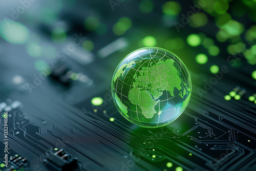 transparent globe representing Earth on black motherboard, symbolizing technology and sustainability. green elements highlight eco friendliness and innovation