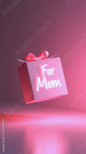 futuristic Mother's day product mockup, floating pastel pink gift box, soft white neon text reading “For Mom” in a sleek, modern font. The background transitions from deep black to a soft pastel glow
